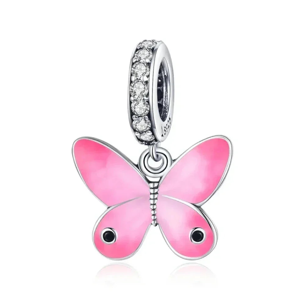 Pendentif en argent sterling 925 avec oiseaux colorés, fleurs, feuilles en oxyde de zirconium - Breloque pour bracelets et colliers