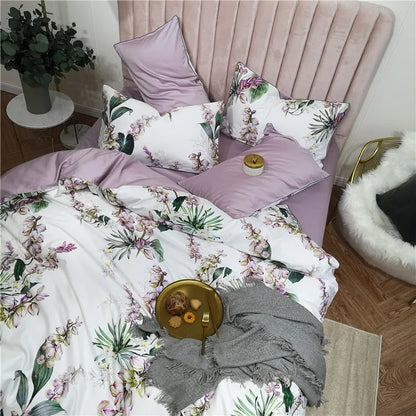 Parure de lit Eden 600 fils en coton à motifs floraux – Blanc/Lilas