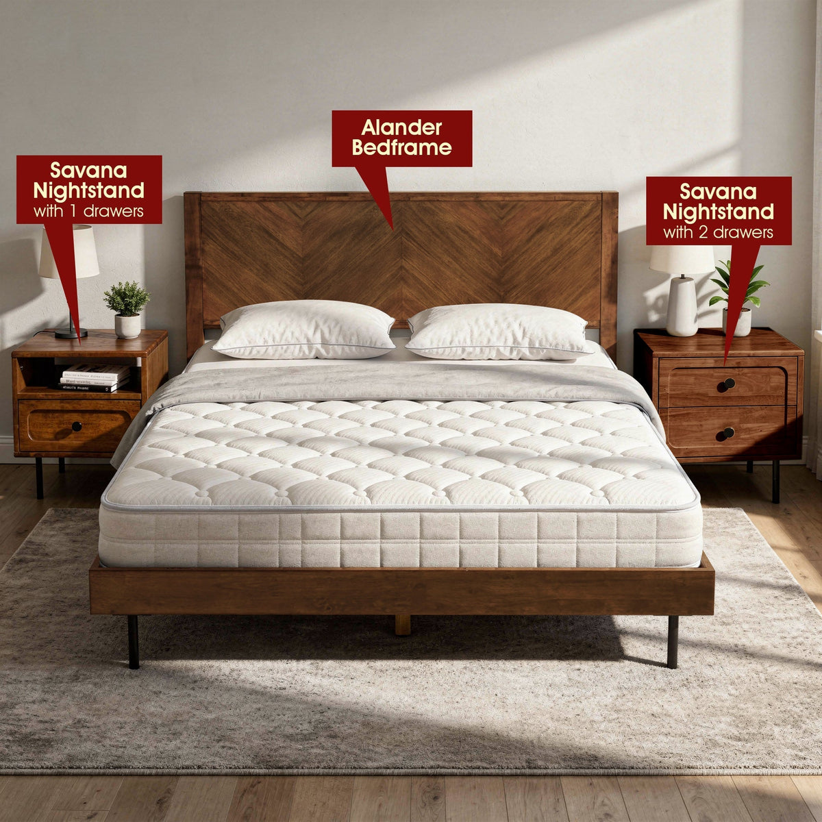 Savana Two Drawers Solid Wood Nightstand