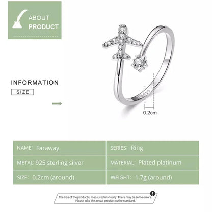 Bague ouverte en argent sterling 925 avec avion volant en zircone cubique