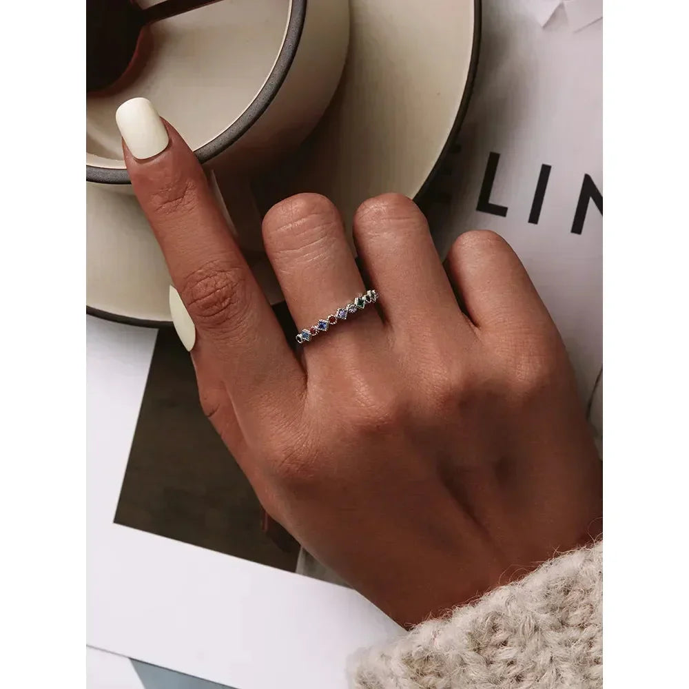 Bague Bande Arc-en-ciel en Argent Sterling 925 avec Zircones Cubiques