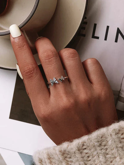 Bague ouverte papillon en argent sterling 925 avec zircons cubiques
