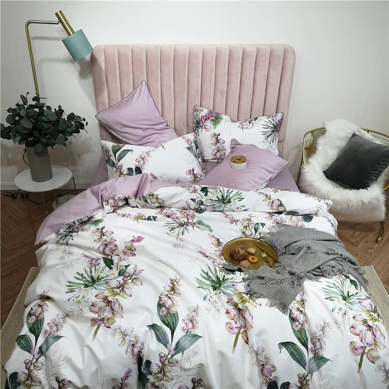 Parure de lit Eden 600 fils en coton à motifs floraux – Blanc/Lilas
