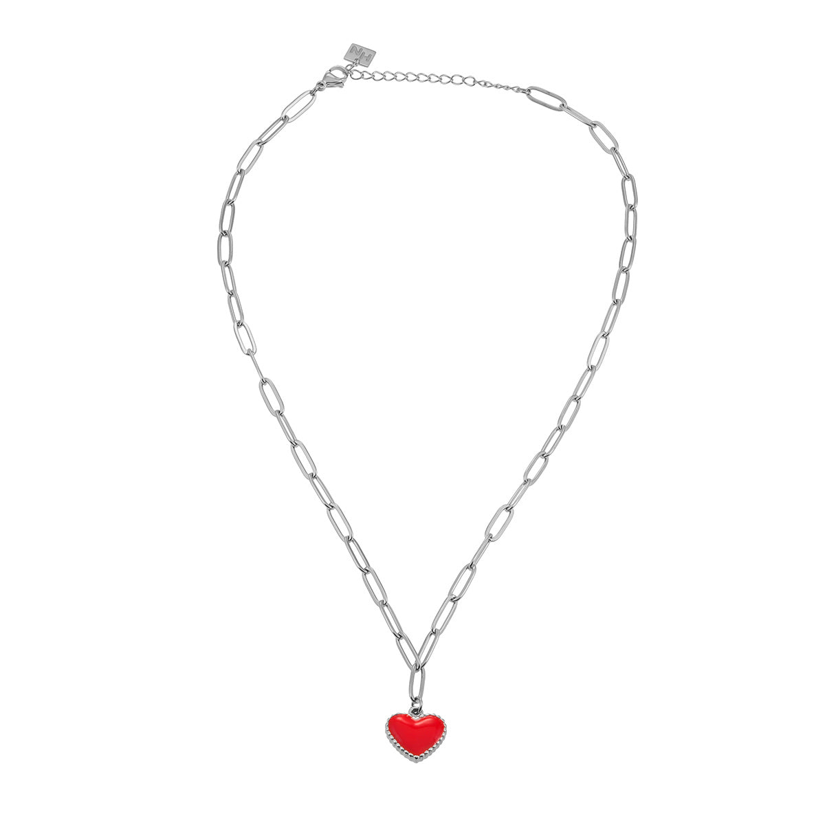 Style CŒUR ROUGE Argent (Or Blanc) : Chaîne trombone retenant une breloque cœur émaillée rouge