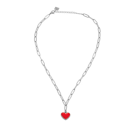Style CŒUR ROUGE Argent (Or Blanc) : Chaîne trombone retenant une breloque cœur émaillée rouge