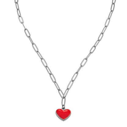 Style CŒUR ROUGE Argent (Or Blanc) : Chaîne trombone retenant une breloque cœur émaillée rouge