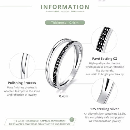 Bague en argent sterling 925 avec double cercle et oxydes de zirconium noirs et clairs