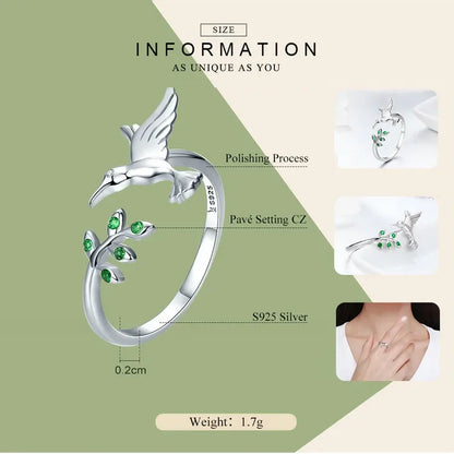 Bague ouverte arbre et oiseau vert en argent sterling 925
