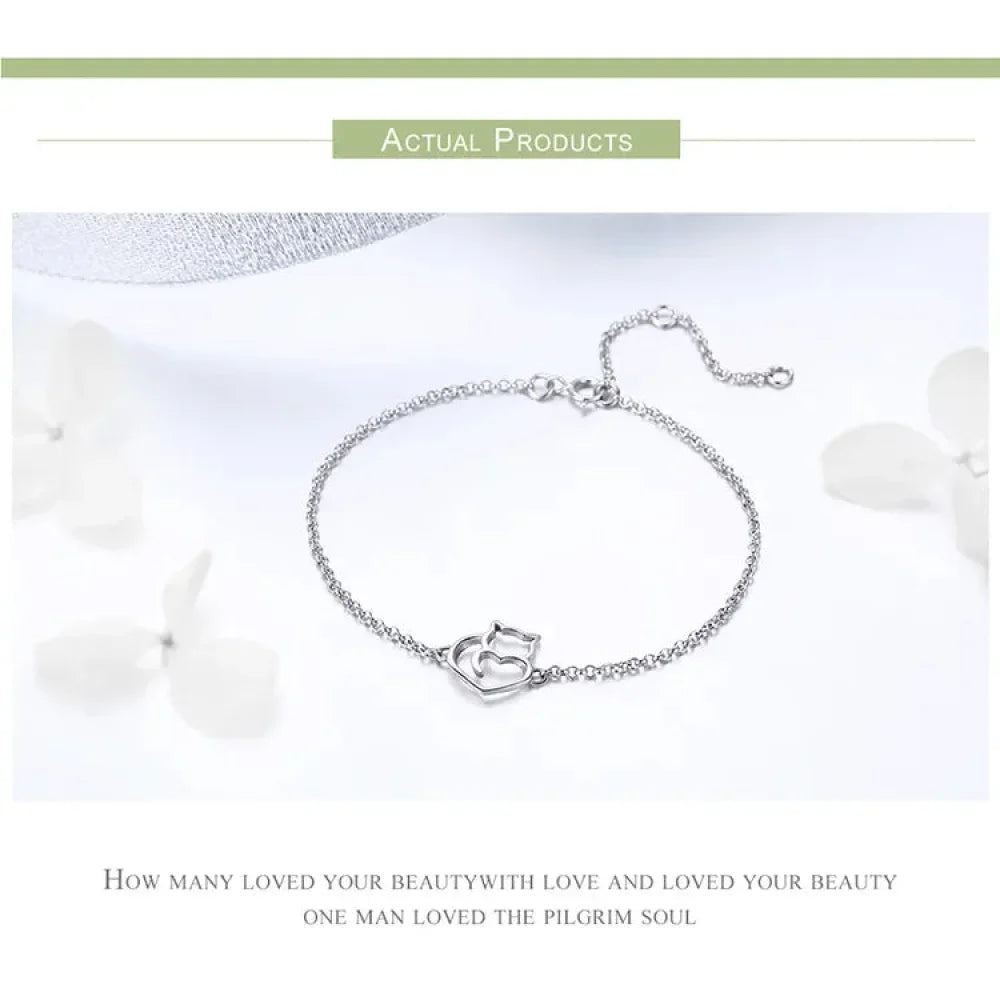 Bracelet Chaîne Cœur Chat en Argent Sterling 925