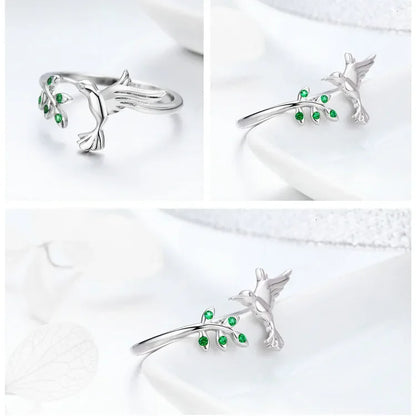 Bague ouverte arbre et oiseau vert en argent sterling 925