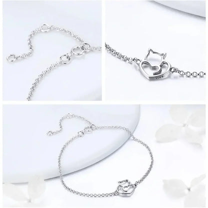 Bracelet Chaîne Cœur Chat en Argent Sterling 925
