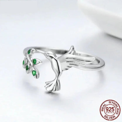 Bague ouverte arbre et oiseau vert en argent sterling 925