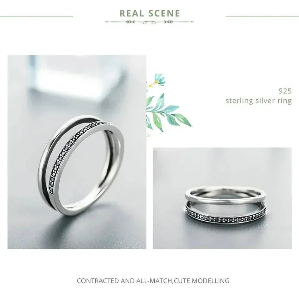 Bague en argent sterling 925 avec double cercle et oxydes de zirconium noirs et clairs