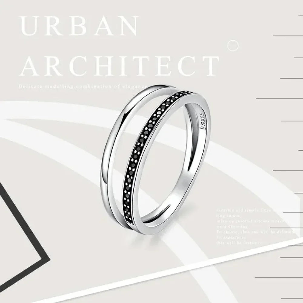 Bague en argent sterling 925 avec double cercle et oxydes de zirconium noirs et clairs