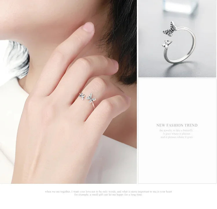 Bague ouverte papillon en argent sterling 925 avec zircons cubiques