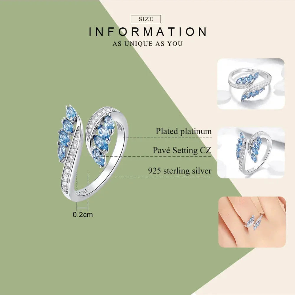Bague ajustable en argent sterling 925 avec zirconium bleu, modèle Saule