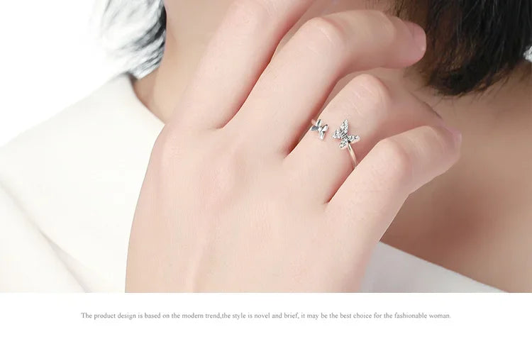 Bague ouverte papillon en argent sterling 925 avec zircons cubiques