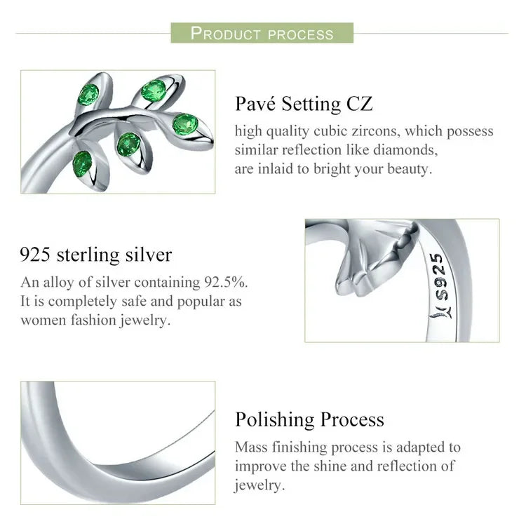 Bague ouverte arbre et oiseau vert en argent sterling 925