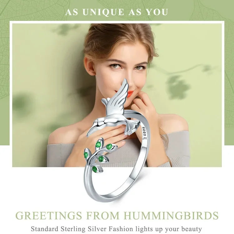 Bague ouverte arbre et oiseau vert en argent sterling 925