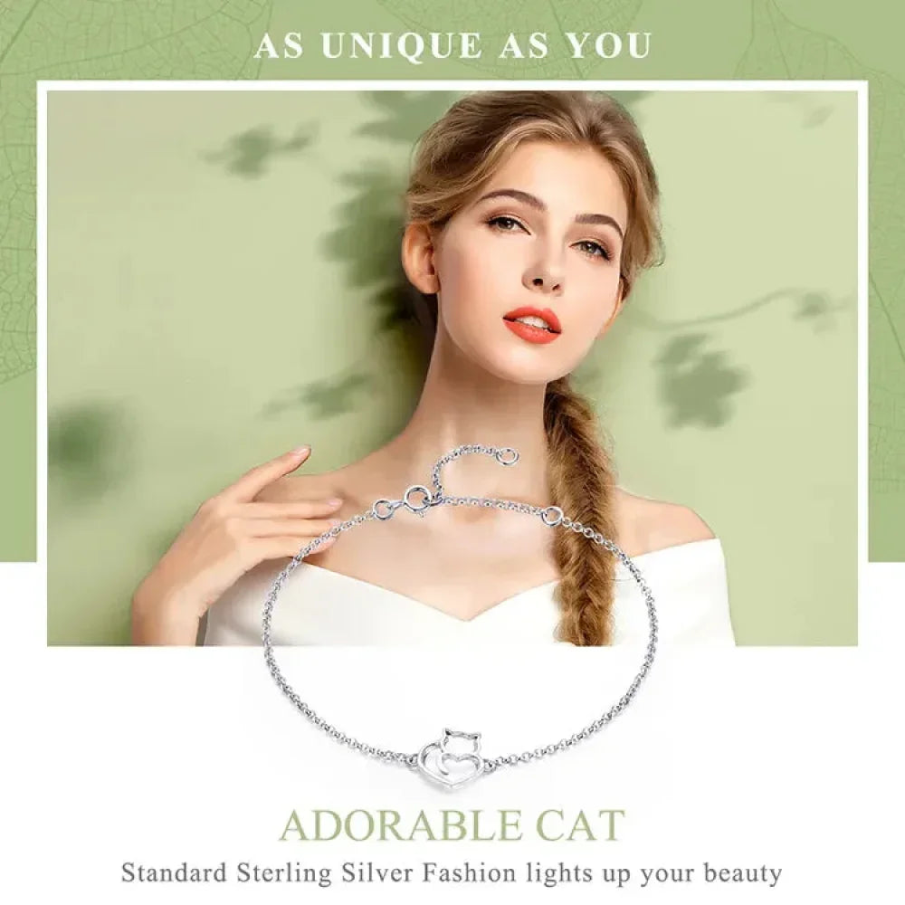 Bracelet Chaîne Cœur Chat en Argent Sterling 925
