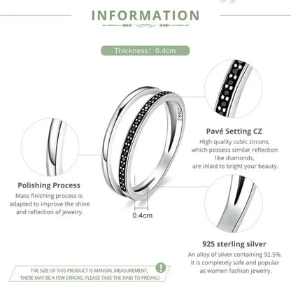 Bague en argent sterling 925 avec double cercle et oxydes de zirconium noirs et clairs