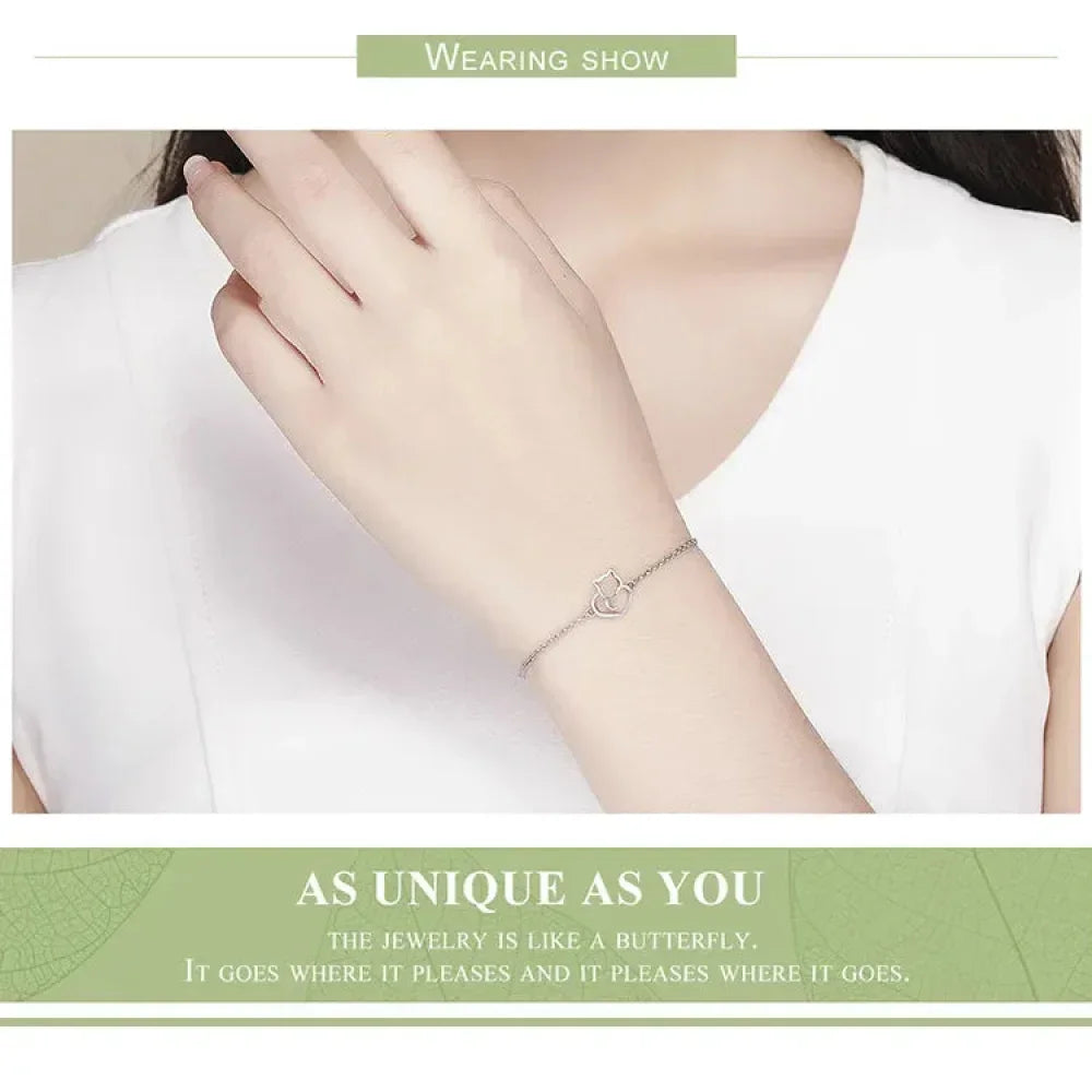 Bracelet Chaîne Cœur Chat en Argent Sterling 925