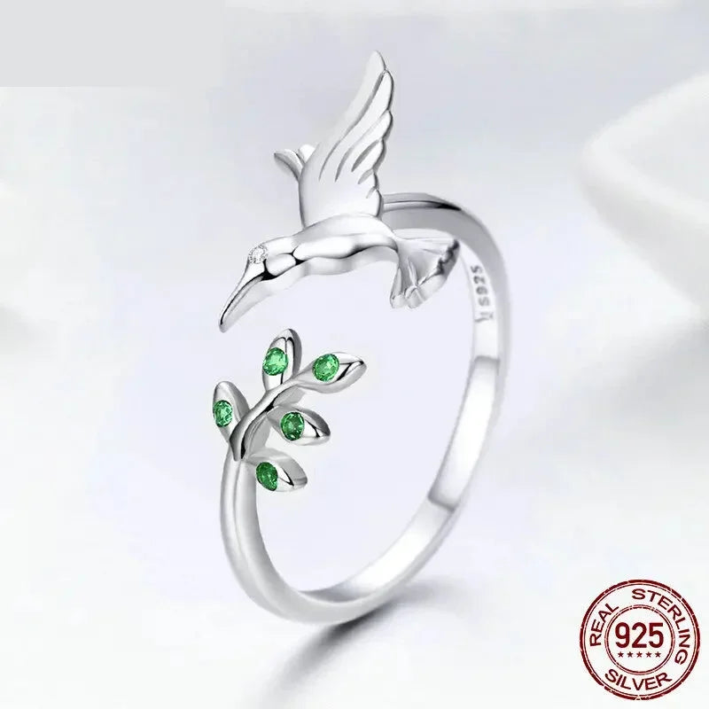 Bague ouverte arbre et oiseau vert en argent sterling 925