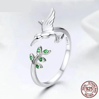 Bague ouverte arbre et oiseau vert en argent sterling 925