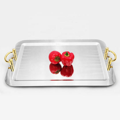 Plateau de service rectangulaire en acier inoxydable avec poignées dorées