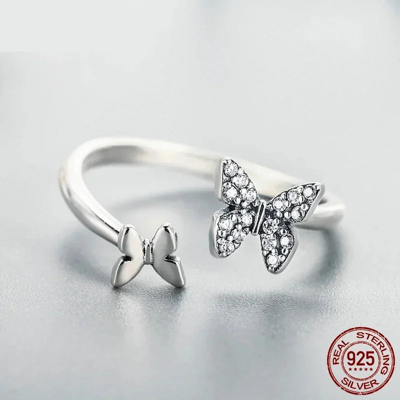 Bague ouverte papillon en argent sterling 925 avec zircons cubiques
