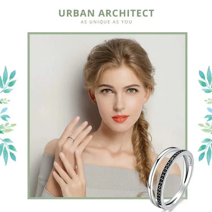 Bague en argent sterling 925 avec double cercle et oxydes de zirconium noirs et clairs