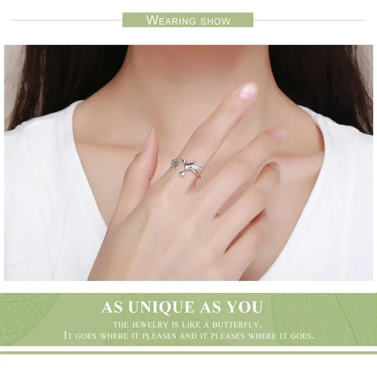 Bague ouverte arbre et oiseau vert en argent sterling 925