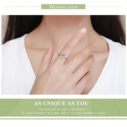 Bague ouverte arbre et oiseau vert en argent sterling 925