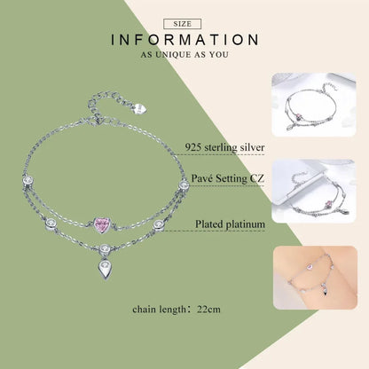 Sterling Silver Double Layer Bracelet with Pink CZ Hearts
