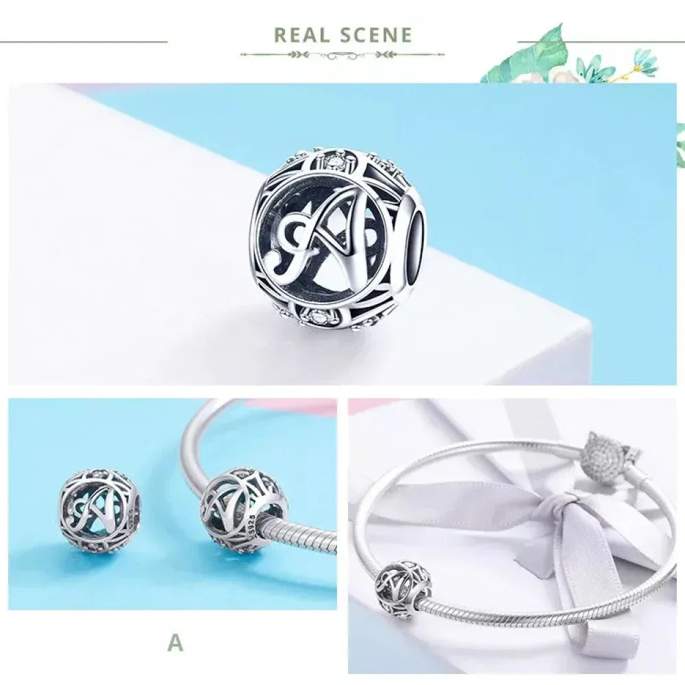 Perle breloque initiale en argent sterling 925