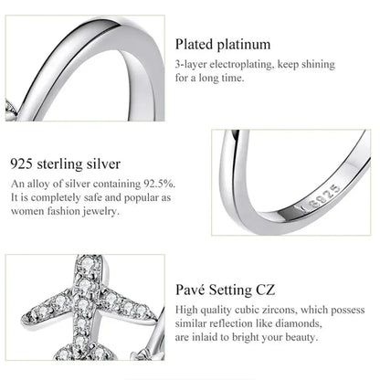 Bague ouverte en argent sterling 925 avec avion volant en zircone cubique