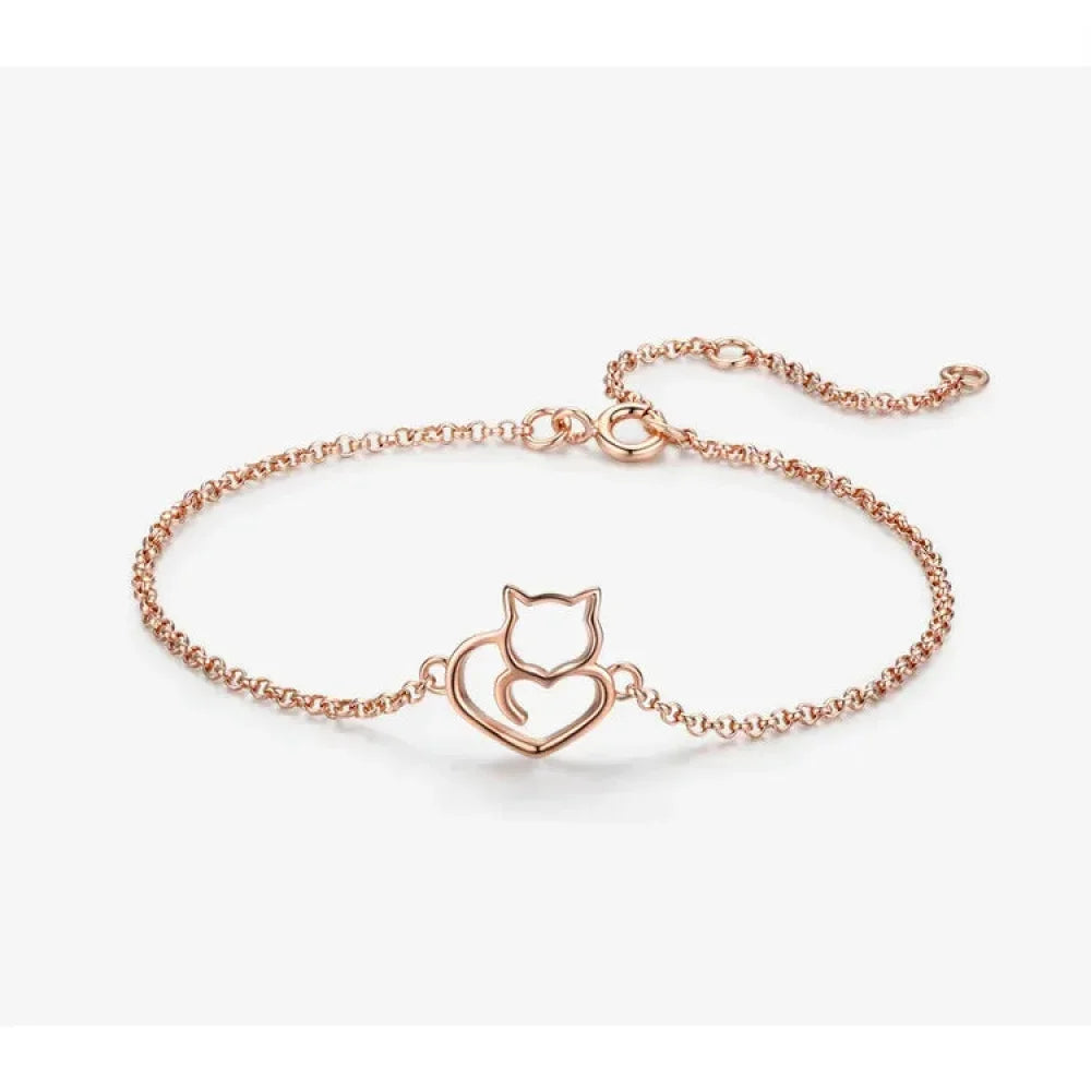 Bracelet Chaîne Cœur Chat en Argent Sterling 925