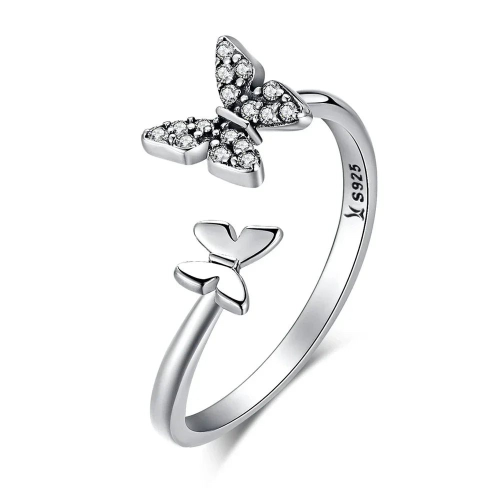 Bague ouverte papillon en argent sterling 925 avec zircons cubiques