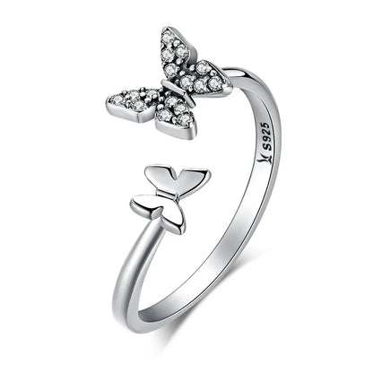 Bague ouverte papillon en argent sterling 925 avec zircons cubiques