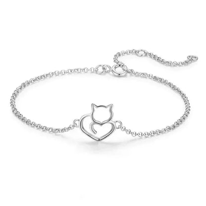 Bracelet Chaîne Cœur Chat en Argent Sterling 925