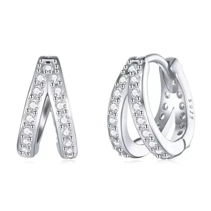 Boucles d'oreilles créoles doubles en argent sterling 925, avec géométrie élégante et cristal de zircon