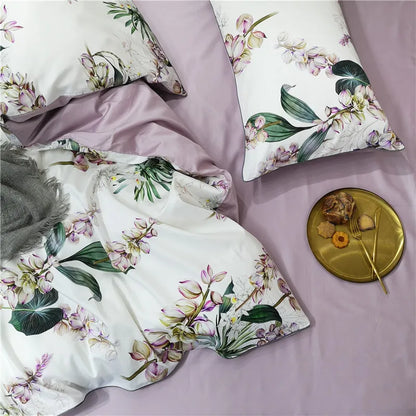 Parure de lit Eden 600 fils en coton à motifs floraux – Blanc/Lilas