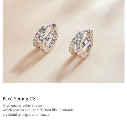 Boucles d'oreilles créoles doubles en argent sterling 925, avec géométrie élégante et cristal de zircon