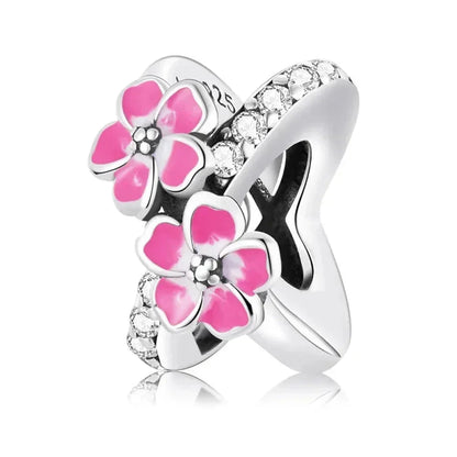 Pendentif en argent sterling 925 avec oiseaux colorés, fleurs, feuilles en oxyde de zirconium - Breloque pour bracelets et colliers