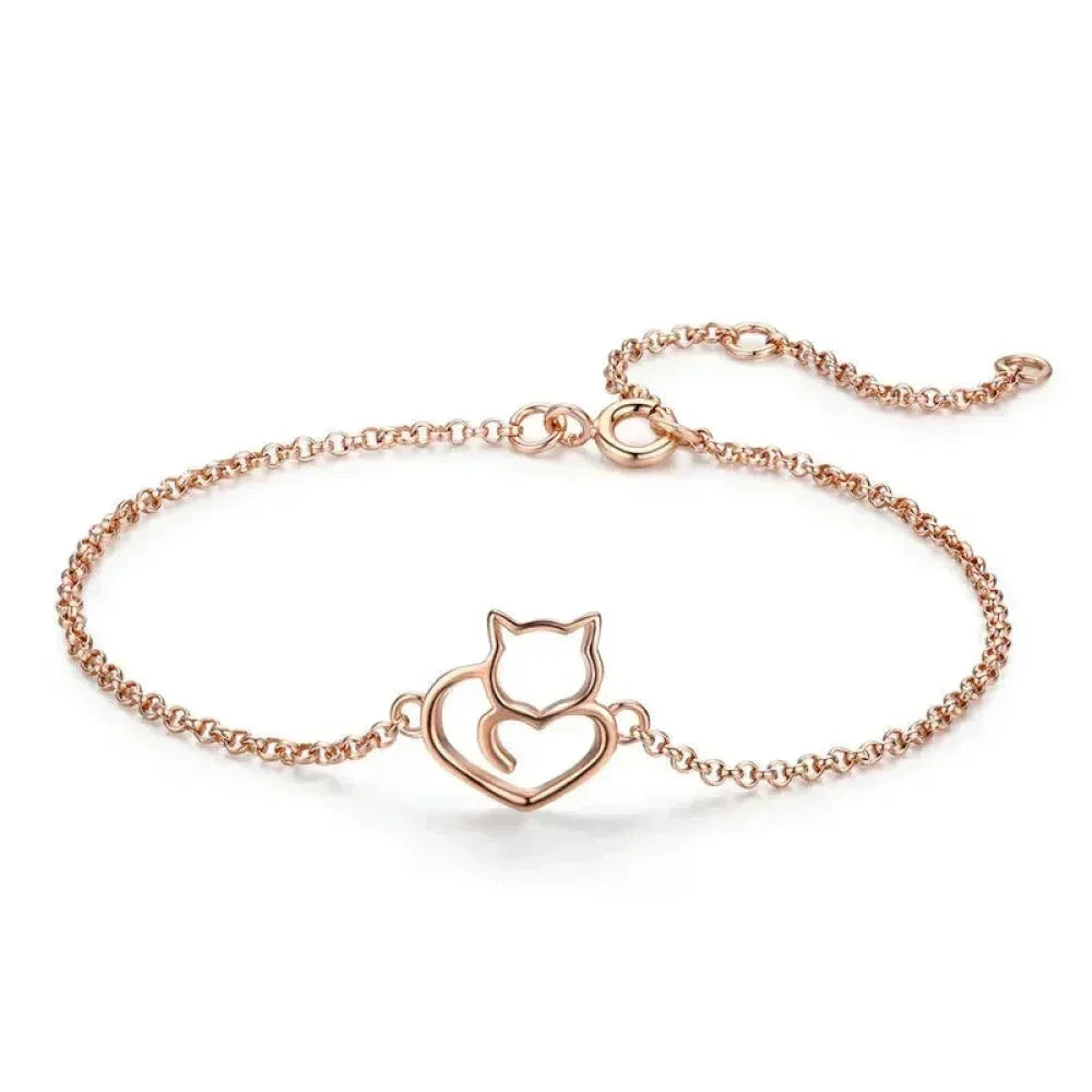 Bracelet Chaîne Cœur Chat en Argent Sterling 925