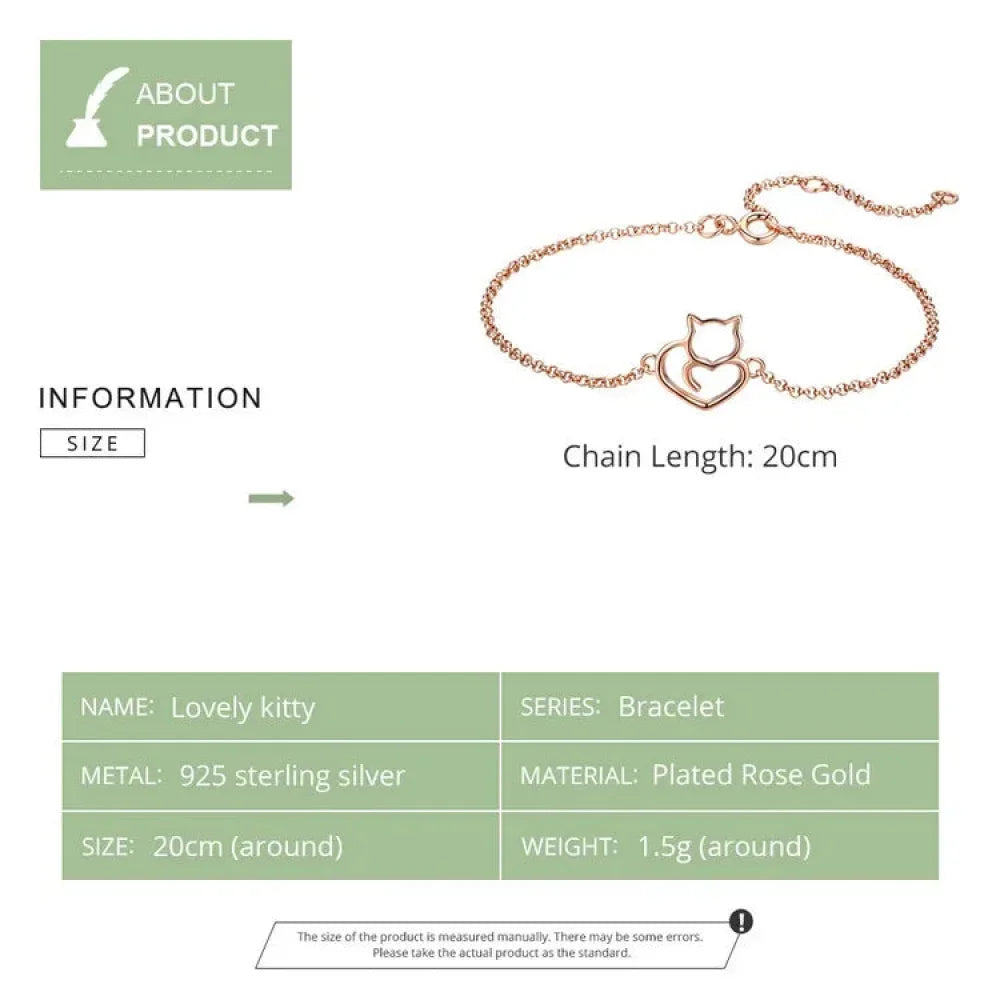 Bracelet Chaîne Cœur Chat en Argent Sterling 925