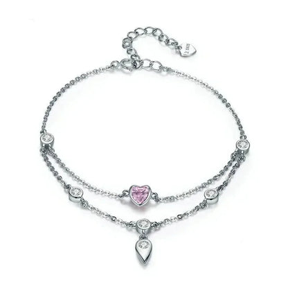 Sterling Silver Double Layer Bracelet with Pink CZ Hearts