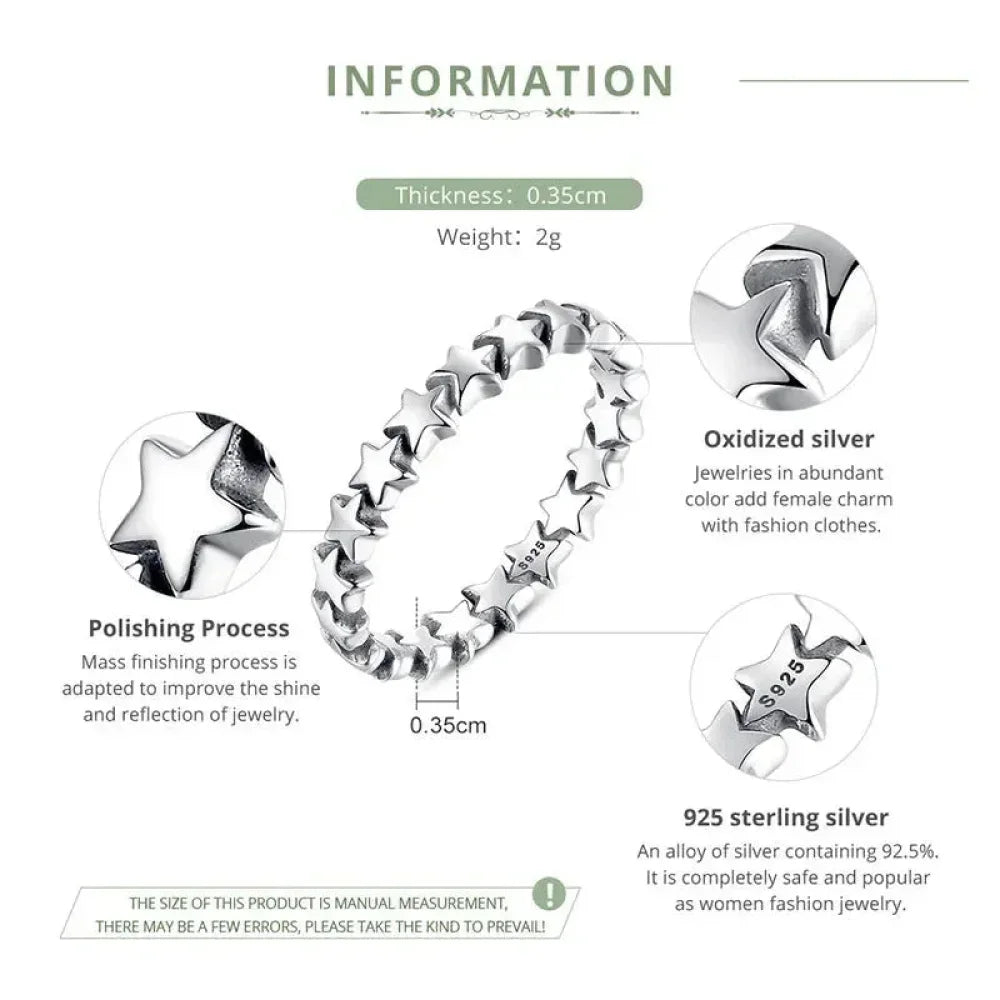 Bague en argent sterling 925 avec étoiles et cœurs
