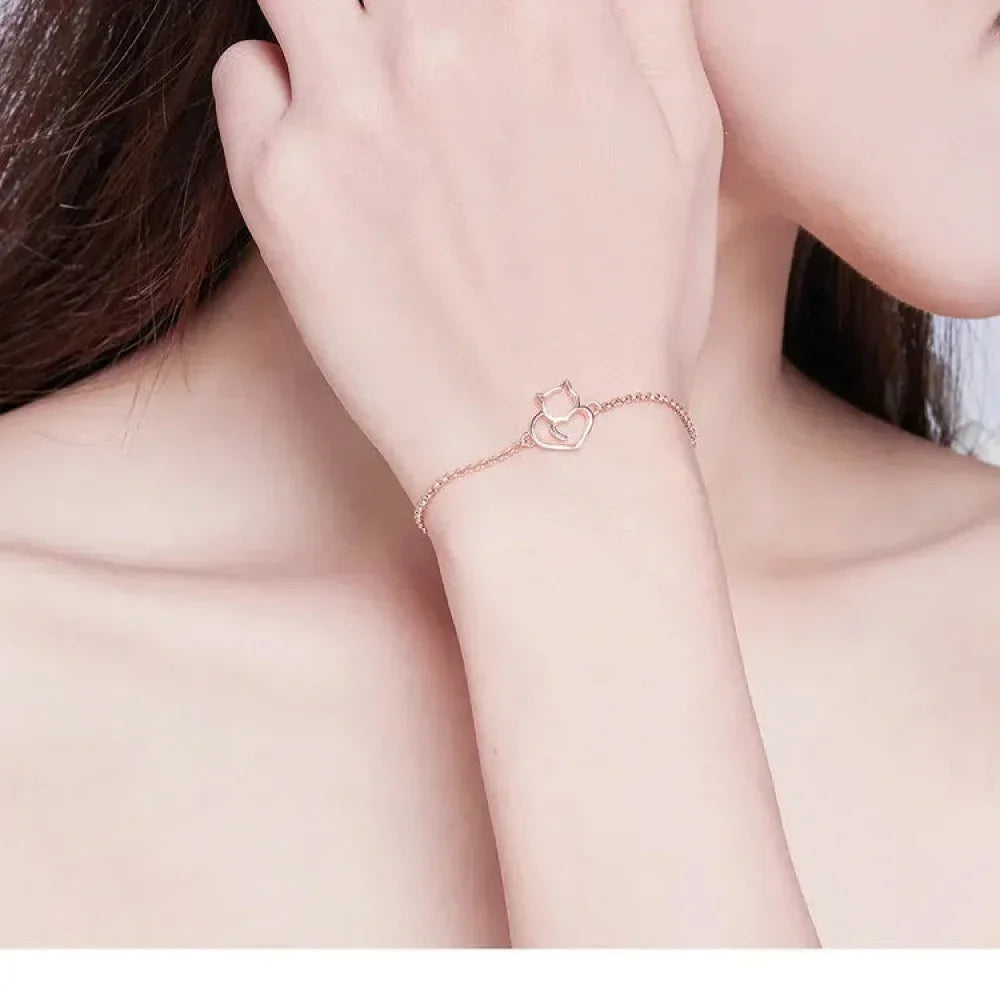 Bracelet Chaîne Cœur Chat en Argent Sterling 925