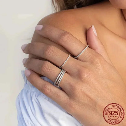 Bagues empilables en argent sterling 925 avec diamants simulés en oxyde de zirconium, plaquées platine pour femmes